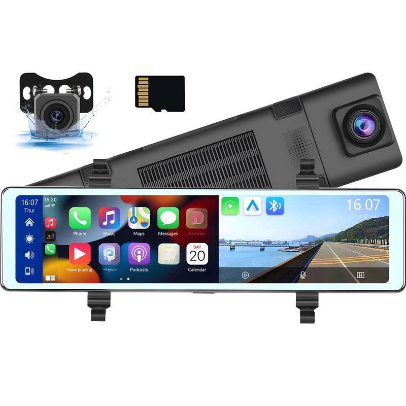 Mirror Dash Cam with Wireless Apple Carplay&Android Auto,11.26" Voice Control Rear View Mirror 1080P Front and Rear View Dual Cameras,FM Transmitter,Night Vision,Parking Assistance, WDR,Loop Recording - Image 1