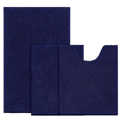 BYSURE Navy Blue Bathroom Rugs Sets 3 Piece Non Slip Extra Absorbent Plush Chenille Soft Washable Bath Mats - Image 1