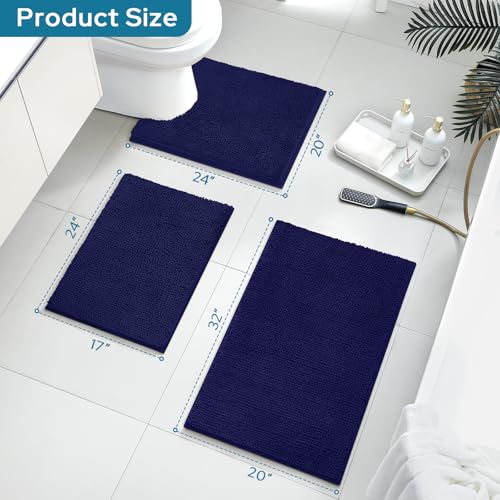 BYSURE Navy Blue Bathroom Rugs Sets 3 Piece Non Slip Extra Absorbent Plush Chenille Soft Washable Bath Mats - Image 2