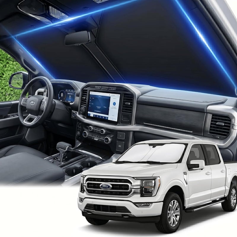 AuyNeas واقي شمس للزجاج الأمامي لفورد F150 2017-2024 مزدوج الطبقات 240T واقي النافذة الأمامية مخصص لـ F-150 F150 F250 F350 F450 واقي شمس قابل للطي يحجب الأشعة فوق البنفسجية إكسسوارات السيارة الأساسية في الصيف - Image 1
