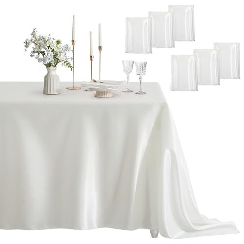 Counfeisly 6 Pack Satin Table Cover Rectangle Silkly Soft Table Cloth, Satin Dining Table Cloths for Wedding Banquet Table Decoration, Dining Room, Indoor and Outdoor Use, 60 x 120 Inches, Off White - Image 1