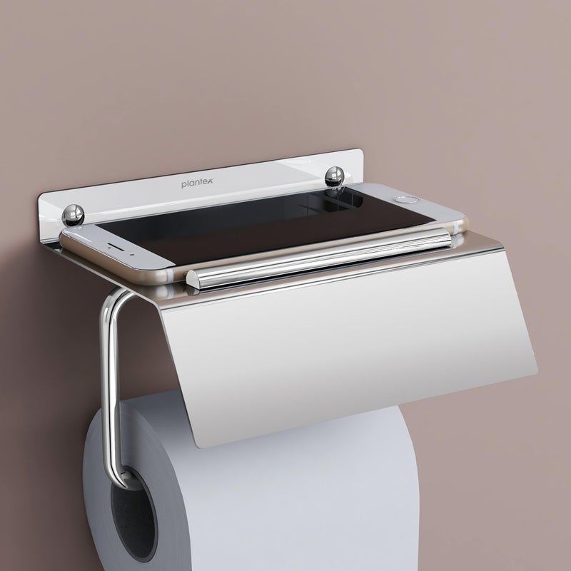 Plantex Stainless Steel Toilet Paper Holder/Toilet Paper Roll Holder/Tissue Paper Roll Holder with Mobile Stand for Bathroom Accessories - (Chrome) - Image 1