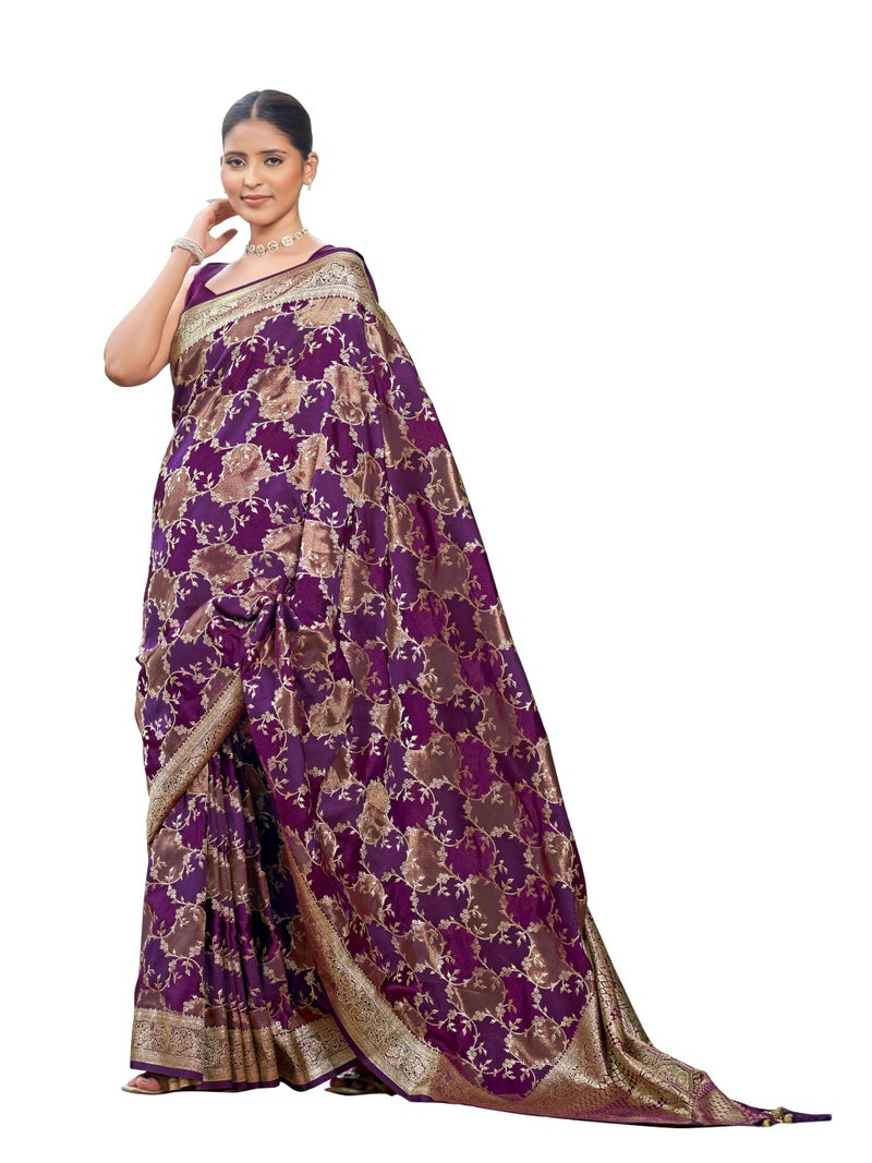 MANOHARI Women's Most Trendy Banarasi Satin Silk Woven Purple Wine Saree With Heavy Jacquard Work Saree With Blouse Piece_MN2049 - Image 1