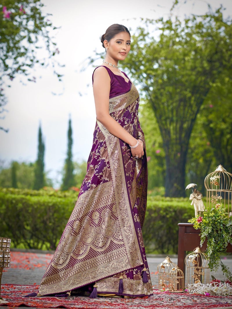 MANOHARI Women's Most Trendy Banarasi Satin Silk Woven Purple Wine Saree With Heavy Jacquard Work Saree With Blouse Piece_MN2049 - Image 5