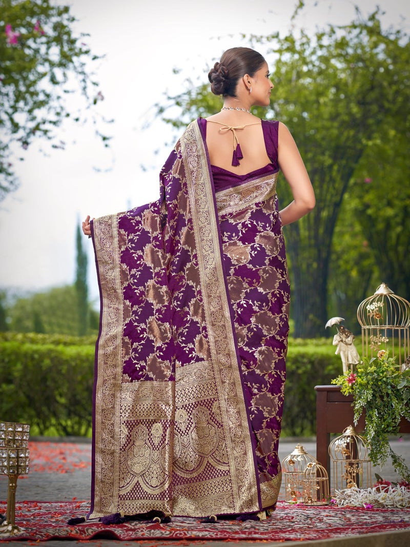 MANOHARI Women's Most Trendy Banarasi Satin Silk Woven Purple Wine Saree With Heavy Jacquard Work Saree With Blouse Piece_MN2049 - Image 4