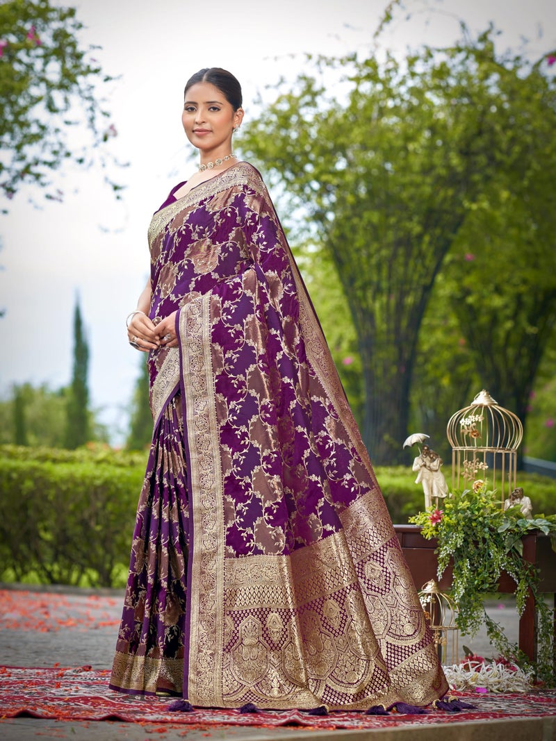 MANOHARI Women's Most Trendy Banarasi Satin Silk Woven Purple Wine Saree With Heavy Jacquard Work Saree With Blouse Piece_MN2049 - Image 3