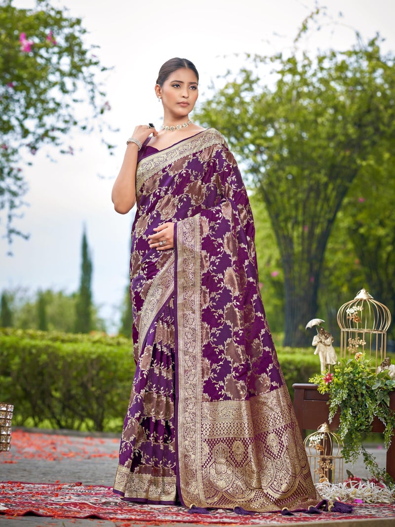 MANOHARI Women's Most Trendy Banarasi Satin Silk Woven Purple Wine Saree With Heavy Jacquard Work Saree With Blouse Piece_MN2049 - Image 2