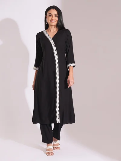 globus Women V-Neck Embroidered Lace Details Calf Length A-Line Kurta With Pants Workwear Set