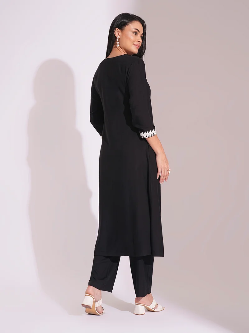 globus Women V-Neck Embroidered Lace Details Calf Length A-Line Kurta With Pants Workwear Set