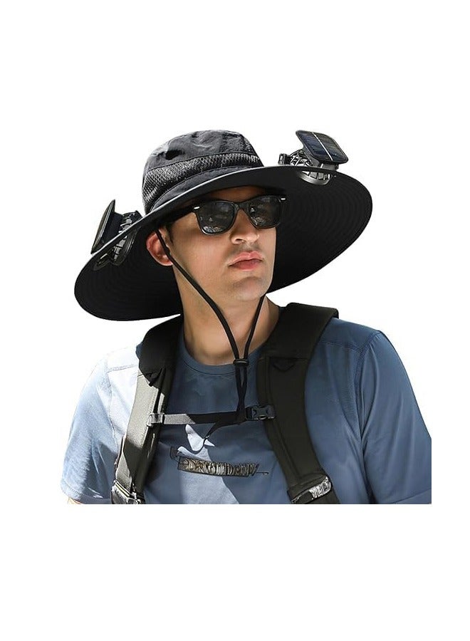 PADOM Padom Outdoor Wide Brim Sun Hat with 2 Solar Fan，Solar Fan Hat Sun Bucket Hat for Men Women， Outdoor Hiking Cap UPF 50+， Bucket Fishing & Beach Hat with Fan Built in - Image 1