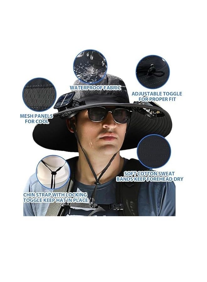 PADOM Padom Outdoor Wide Brim Sun Hat with 2 Solar Fan，Solar Fan Hat Sun Bucket Hat for Men Women， Outdoor Hiking Cap UPF 50+， Bucket Fishing & Beach Hat with Fan Built in - Image 2
