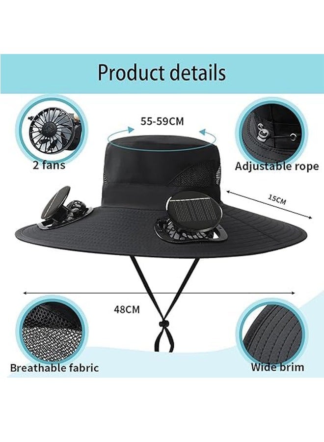 PADOM Padom Outdoor Wide Brim Sun Hat with 2 Solar Fan，Solar Fan Hat Sun Bucket Hat for Men Women， Outdoor Hiking Cap UPF 50+， Bucket Fishing & Beach Hat with Fan Built in - Image 5