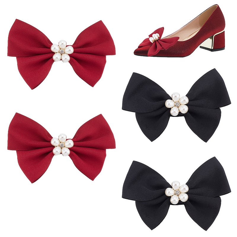 1set 2 Pairs 2 colors Cloth Bowknot Bridal Shoe Decoration with Plastic Imitation Pearl Zinc Alloy Shoe Buckle Clips Mixed color 64x104x22mm 1 pair/color - Image 1