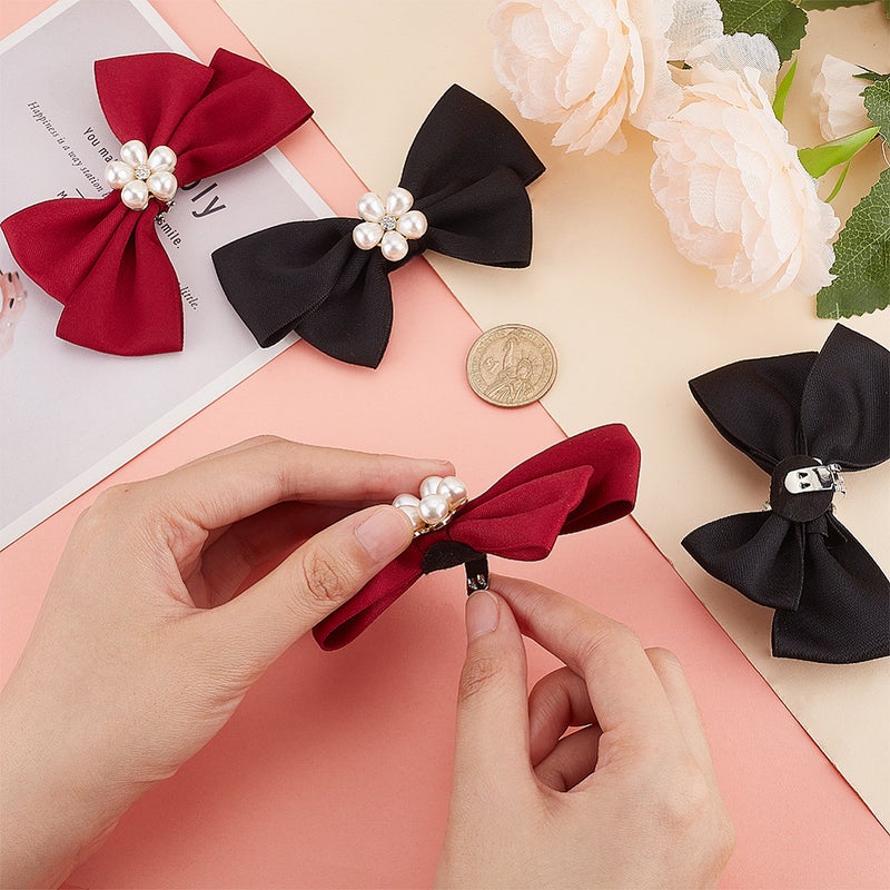 1set 2 Pairs 2 colors Cloth Bowknot Bridal Shoe Decoration with Plastic Imitation Pearl Zinc Alloy Shoe Buckle Clips Mixed color 64x104x22mm 1 pair/color - Image 3