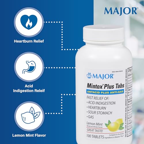 MAJOR Mintox Plus Tabs - Antacid Plus Anti-Gas Tablets - Helps Quickly Relieve Acid Indigestion, Heartburn, Sour Stomach, and Gas - Lemon Mint Flavored - 100 Count (1 Pack) - Image 3