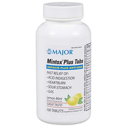 MAJOR Mintox Plus Tabs - Antacid Plus Anti-Gas Tablets - Helps Quickly Relieve Acid Indigestion, Heartburn, Sour Stomach, and Gas - Lemon Mint Flavored - 100 Count (1 Pack) - Image 1