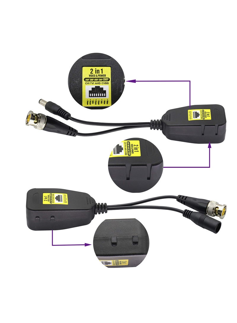 Excefore Passive Video RJ45 to BNC Transceiver Transmitter, HD CVI/TVI/AHD/CVBS, with DC power Connector, for 720P 960P 1080P 3MP 4MP 5MP 8MP CCTV Safety DVR Monitoring Camera System (18cm/4-pairs)  - Image 2
