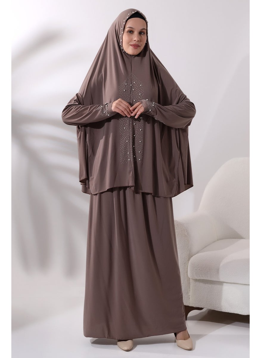 İhvan Ihvan Two Piece Prayer Dress with Pearls and Stones, Top and Bottom Practical Dress 8017 Milk Coffee  - Image 1