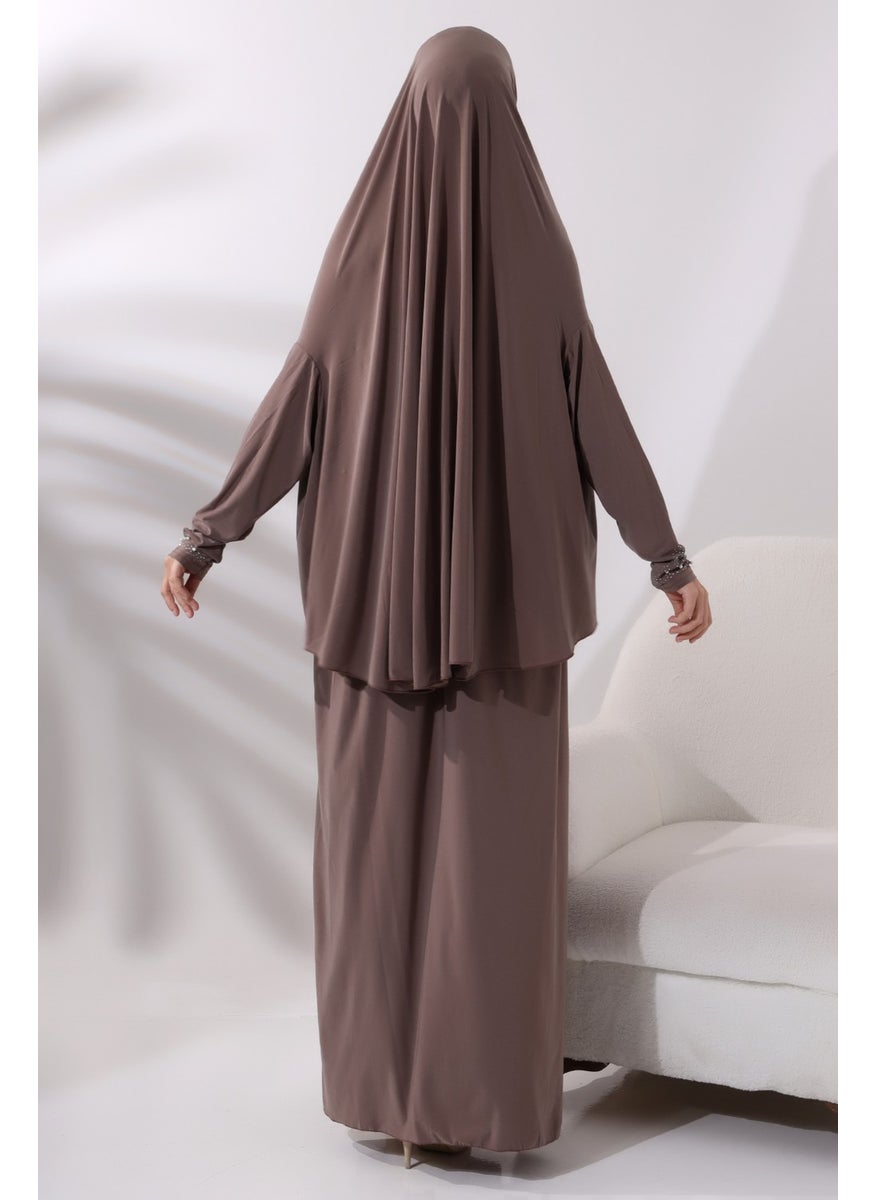 İhvan Ihvan Two Piece Prayer Dress with Pearls and Stones, Top and Bottom Practical Dress 8017 Milk Coffee  - Image 5