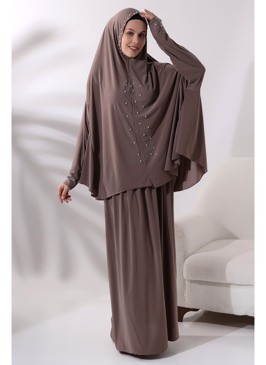 İhvan Ihvan Two Piece Prayer Dress with Pearls and Stones, Top and Bottom Practical Dress 8017 Milk Coffee  - Image 3