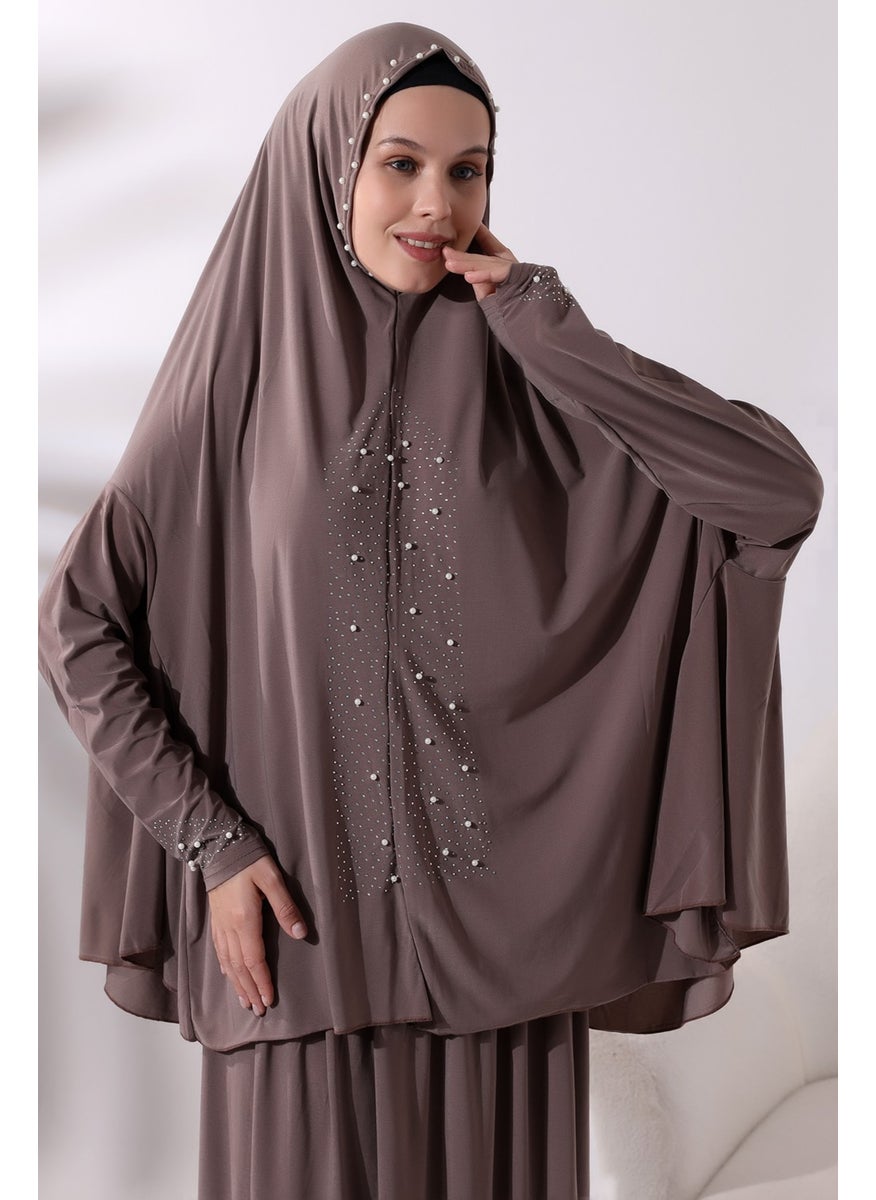 İhvan Ihvan Two Piece Prayer Dress with Pearls and Stones, Top and Bottom Practical Dress 8017 Milk Coffee  - Image 4