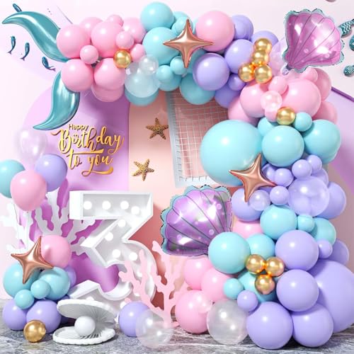Biapian Mermaid Balloon Arch Kit Pastel Pink Purple Teal Blue Gold Latex Foil Balloons Mermaid Tail Shell Star for Girls Ocean Theme Birthday Party - Image 1