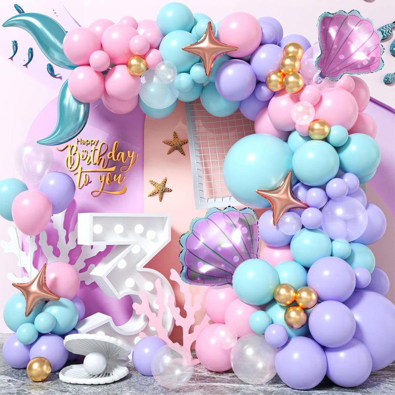 Biapian Mermaid Balloon Arch Kit Pastel Pink Purple Teal Blue Gold Latex Foil Balloons Mermaid Tail Shell Star for Girls Ocean Theme Birthday Party - Image 2