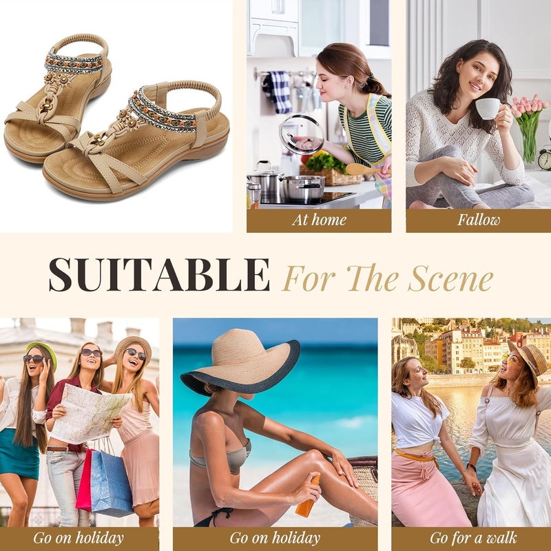 Littleplum Womens Sandals Arch Support Bohemian T-Strap Flower Rhinestone Sandals Women's Non Slip Summer Beach Flat Sandals Apricot Size 8.5 - Image 2