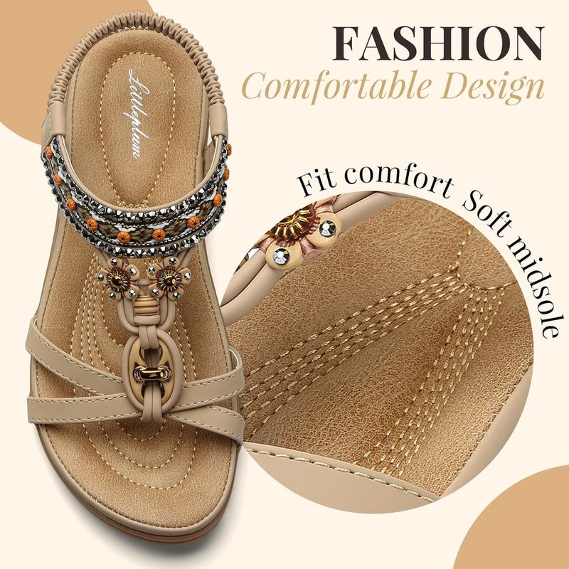 Littleplum Womens Sandals Arch Support Bohemian T-Strap Flower Rhinestone Sandals Women's Non Slip Summer Beach Flat Sandals Apricot Size 8.5 - Image 5