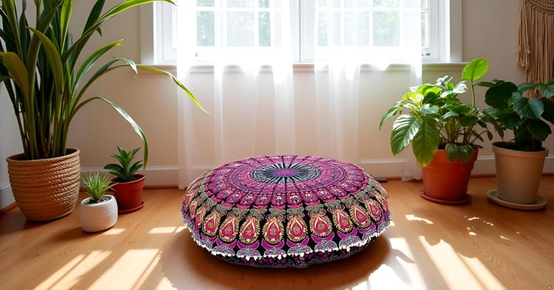 CRAFT KALA كالا كرافت 32 بوصة غطاء وسادة أرضية بوهيمية كبيرة مستديرة، غطاء وسادة بوهو، غطاء وسائد غرفة التأمل الماندالا، وسائد جلوس للبالغين، غطاء وسادة للأطفال لقراءة غرفة اللعب، بينك يلو ميرشي - Image 2