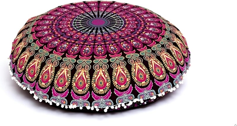 CRAFT KALA كالا كرافت 32 بوصة غطاء وسادة أرضية بوهيمية كبيرة مستديرة، غطاء وسادة بوهو، غطاء وسائد غرفة التأمل الماندالا، وسائد جلوس للبالغين، غطاء وسادة للأطفال لقراءة غرفة اللعب، بينك يلو ميرشي - Image 1