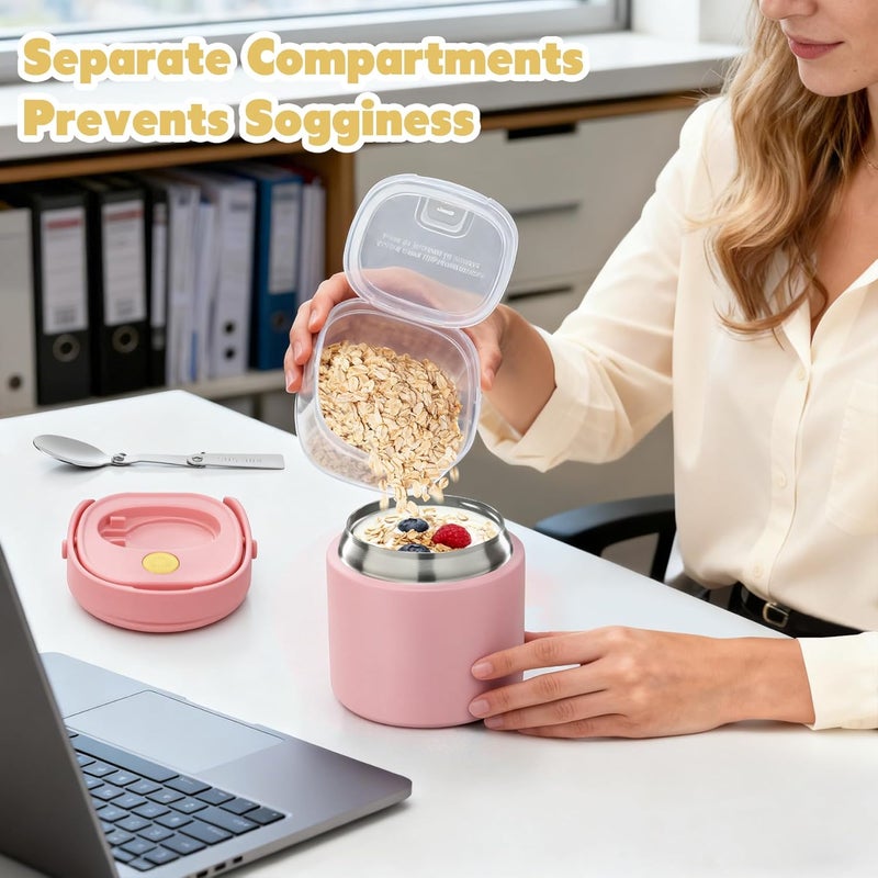 JOOPETALK 2 في 1 ترمس حساء للطعام الساخن 14 أونصة مع حاوية صندوق وجبات خفيفة، حاوية غداء معزولة مانعة للتسرب للأطفال والكبار، ستانلس ستيل مزدوج الجدار مفرغ، حراري واسع الفم مع ملعقة ومقبض - Image 2