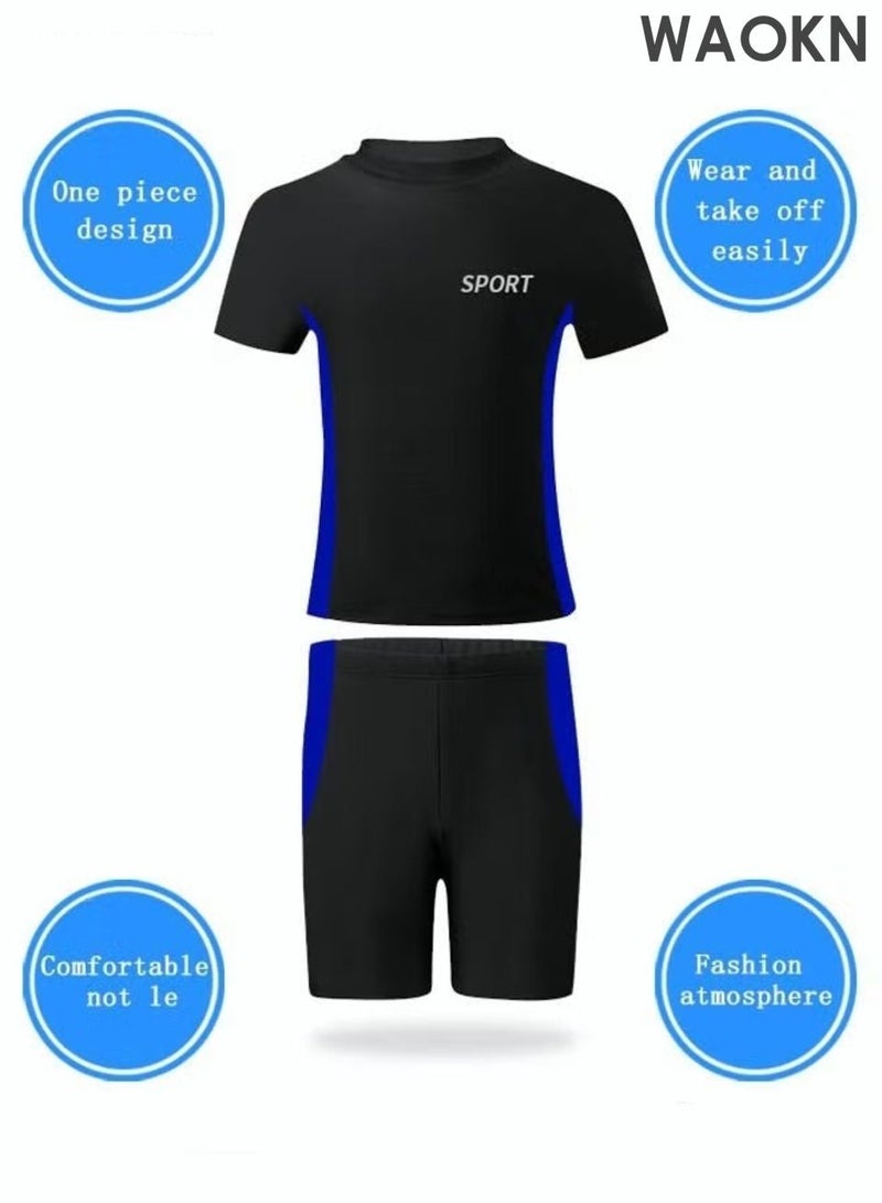 WAOKN 2 Piece Boys Swimsuit Swimming Trunks Set Kids Training Quick Dry Sun Protection Swimwear Children Short Sleeves Clothing Beachwear Split Bathing Suit for Summer Moisture-Wicking Breathable , unisex , Black . - Image 3