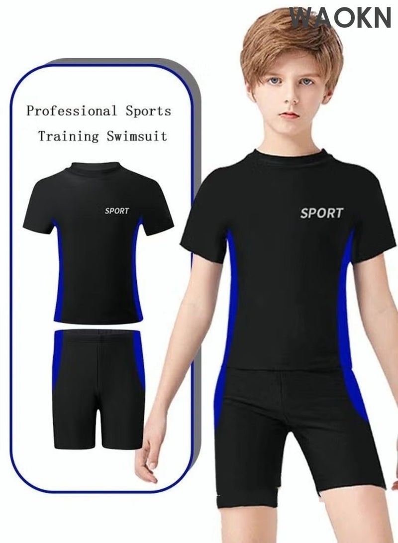 WAOKN 2 Piece Boys Swimsuit Swimming Trunks Set Kids Training Quick Dry Sun Protection Swimwear Children Short Sleeves Clothing Beachwear Split Bathing Suit for Summer Moisture-Wicking Breathable , unisex , Black . - Image 1