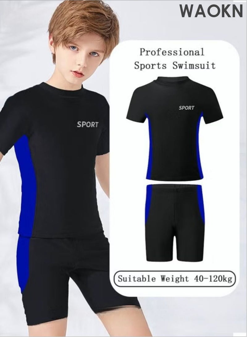 WAOKN 2 Piece Boys Swimsuit Swimming Trunks Set Kids Training Quick Dry Sun Protection Swimwear Children Short Sleeves Clothing Beachwear Split Bathing Suit for Summer Moisture-Wicking Breathable , unisex , Black . - Image 5