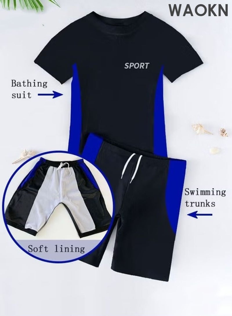 WAOKN 2 Piece Boys Swimsuit Swimming Trunks Set Kids Training Quick Dry Sun Protection Swimwear Children Short Sleeves Clothing Beachwear Split Bathing Suit for Summer Moisture-Wicking Breathable , unisex , Black . - Image 4
