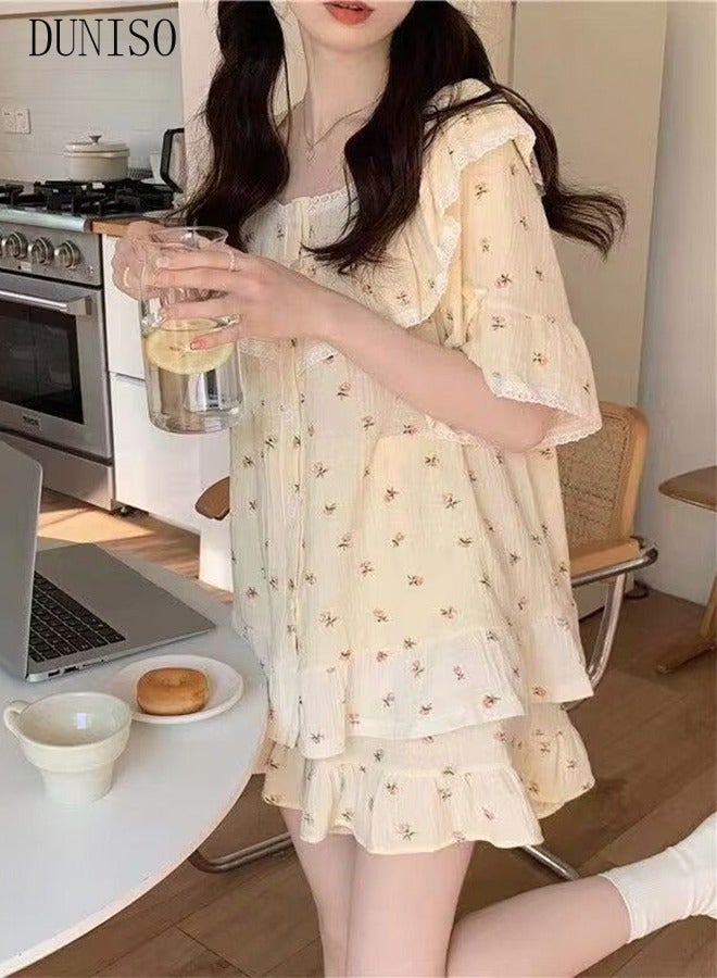 DUNISO Women's 2pcs Pajama Set Short Sleeve Nightgown Lace Sleepwear Button Down Loungewear Girls Comfortable Round Neck Nightwear Summer Home Wear - Image 4