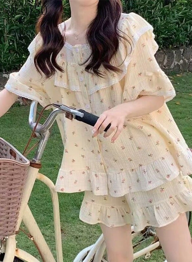 DUNISO Women's 2pcs Pajama Set Short Sleeve Nightgown Lace Sleepwear Button Down Loungewear Girls Comfortable Round Neck Nightwear Summer Home Wear - Image 5