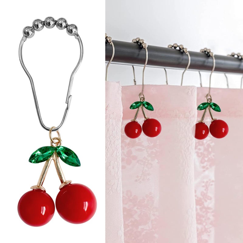 Cherry Bathroom Decor Curtain Hooks Rings for Bathroom Shower Rod 12pcs  Rust Proof Metal Stainless Steel Curtain Ring Red Cherry Pendant Decoration