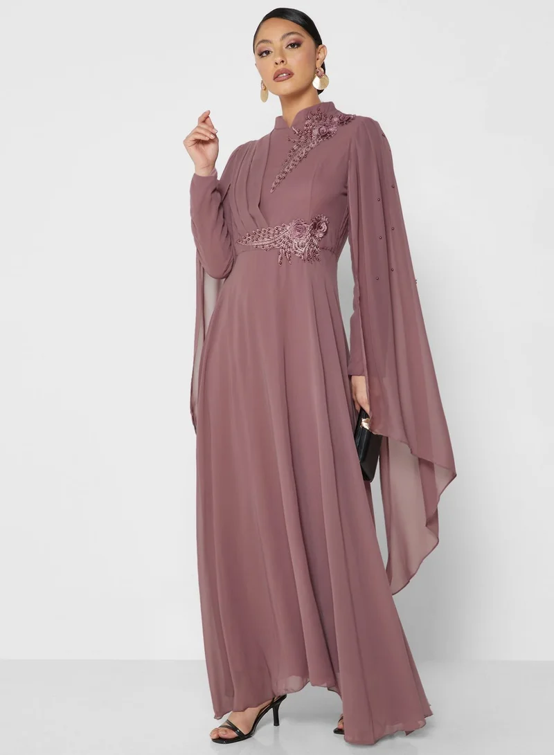 Khizana Embroidered Cape Sleeve Dress