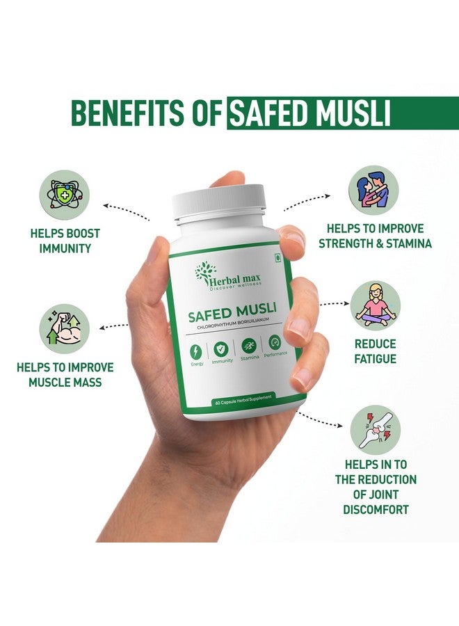 Herbal Max Herbal Max Safed Musli Capsules - 60 Capsule For Natural Energy, Immunity Boost, Stamina & Stress Relief with Shilajit, Ashwagandha, & Gokshura For Enhanced Performance & Body Strength For Men & Women  - Image 4