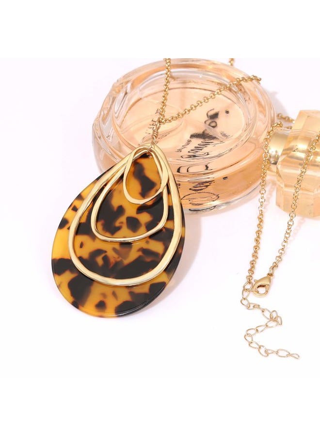 MOLOCH Long Necklace for Women Girls Geometry Teardrop Acrylic Circle Pendant Necklace Statement Boho Acetate Resin Necklace Minimalist Gift(Tortoiseshell) - Image 3