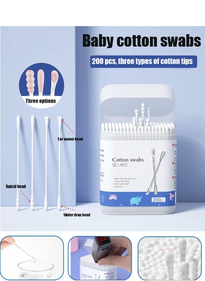 Berma Baby 200Pcs Baby Cotton Swabs, Ear Cleaners, Biodegradable Baby Cotton Buds Kids Safety Swabs, Made of Safe Cotton, Double-headed Design, Applicator Cleaning Sticks Wax Cleaner for Baby Ear Nose Clean  - Image 1