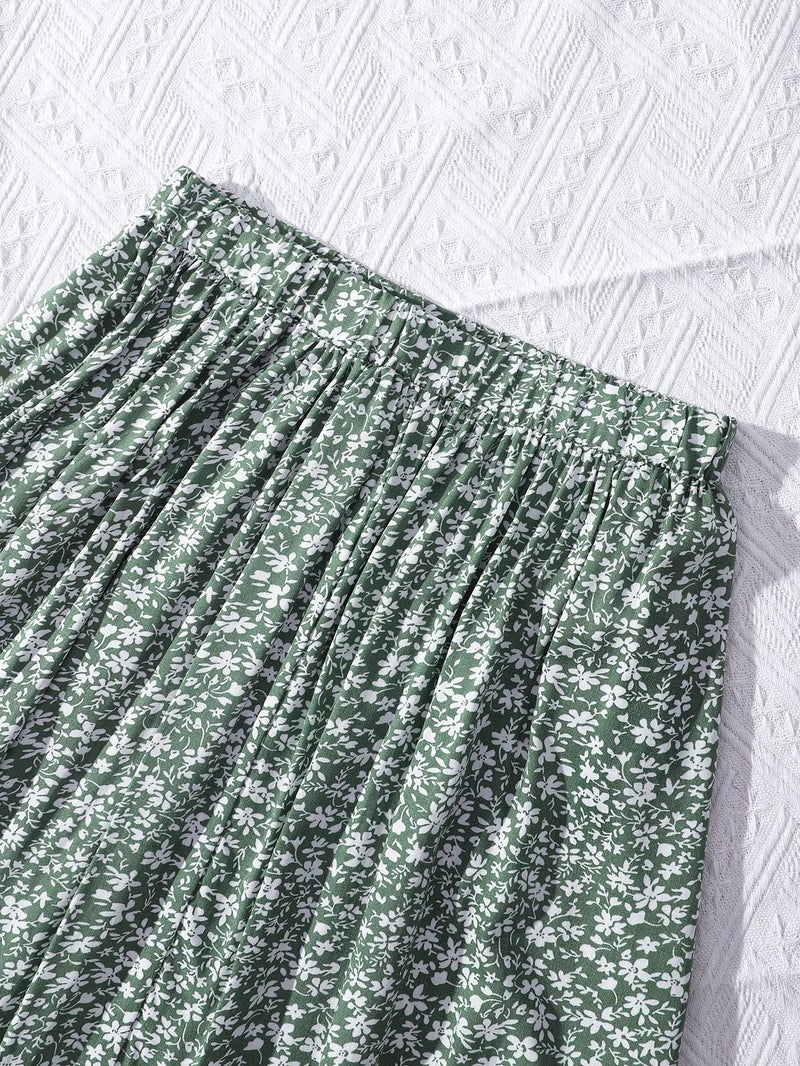 Seechoslo New 6-14 Years Girls Floral Maxi Skirt Boho Flowy A-Line Summer Midi Skirt with Elastic Waist (US, Age, 11 Years, 12 Years, Green) - Image 4