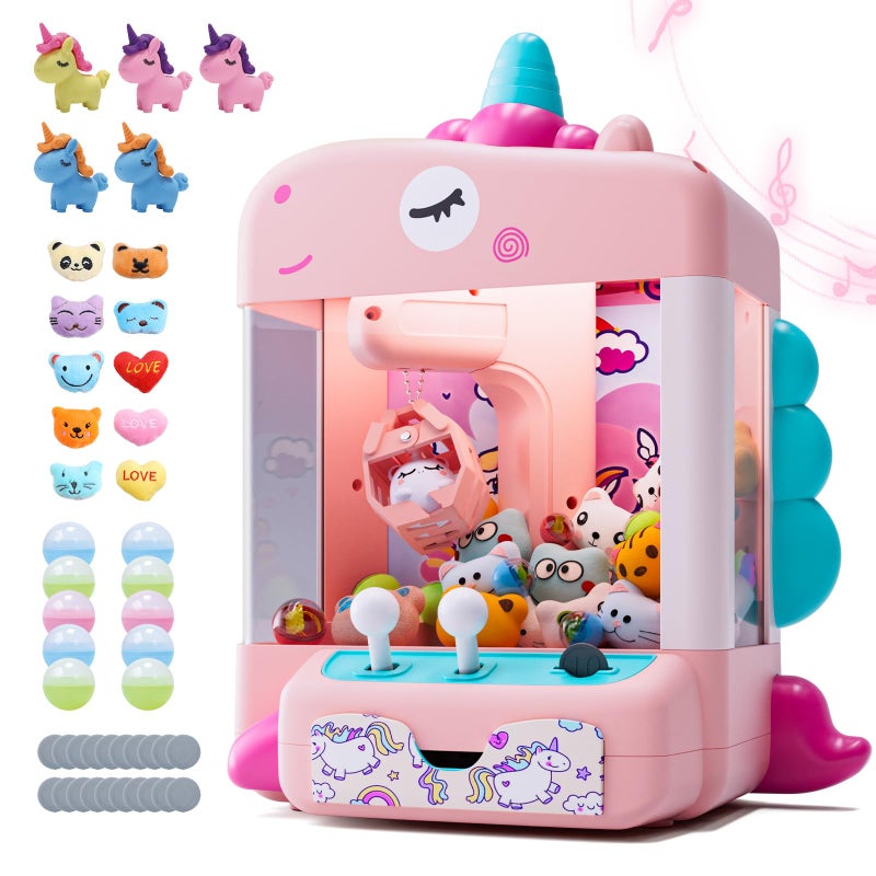 Skirfy Unicorns Claw Machine, Mini Vending Machine with Lights & Music, Adjustable Sound, Candy and Electronic Prize Dispenser, Includes 45 Toys, Candy and Birthday Gift for Kids Girls - Image 1