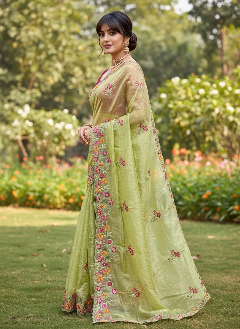 Glory Sarees Women’s Pure Silk Gold Crushed Sequence Embroidery Work Scallop Border Saree With Blouse Piece (LF836_PistaGreen) - Image 2