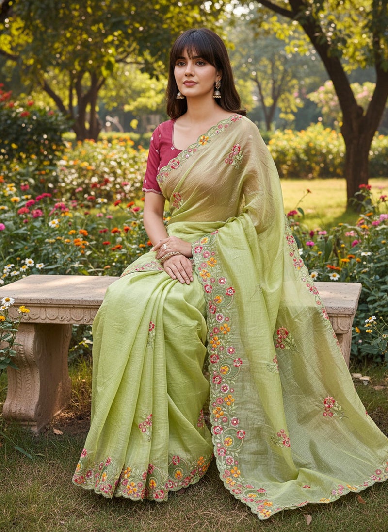 Glory Sarees Women’s Pure Silk Gold Crushed Sequence Embroidery Work Scallop Border Saree With Blouse Piece (LF836_PistaGreen) - Image 3
