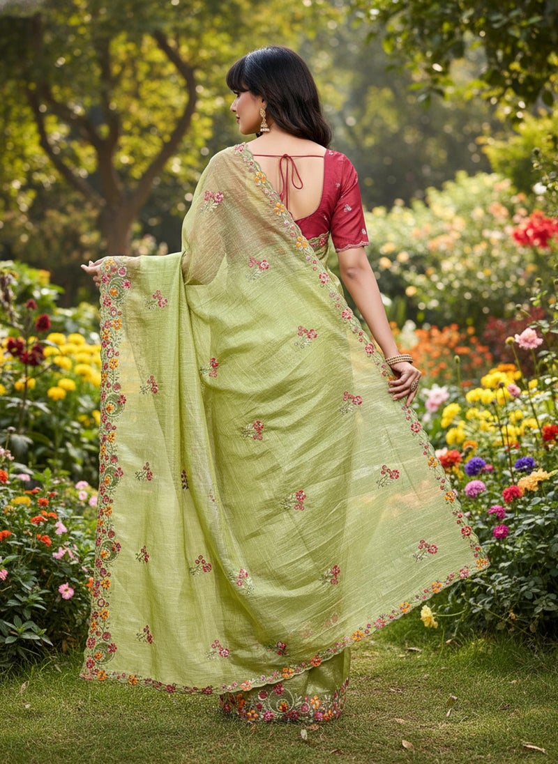 Glory Sarees Women’s Pure Silk Gold Crushed Sequence Embroidery Work Scallop Border Saree With Blouse Piece (LF836_PistaGreen) - Image 5