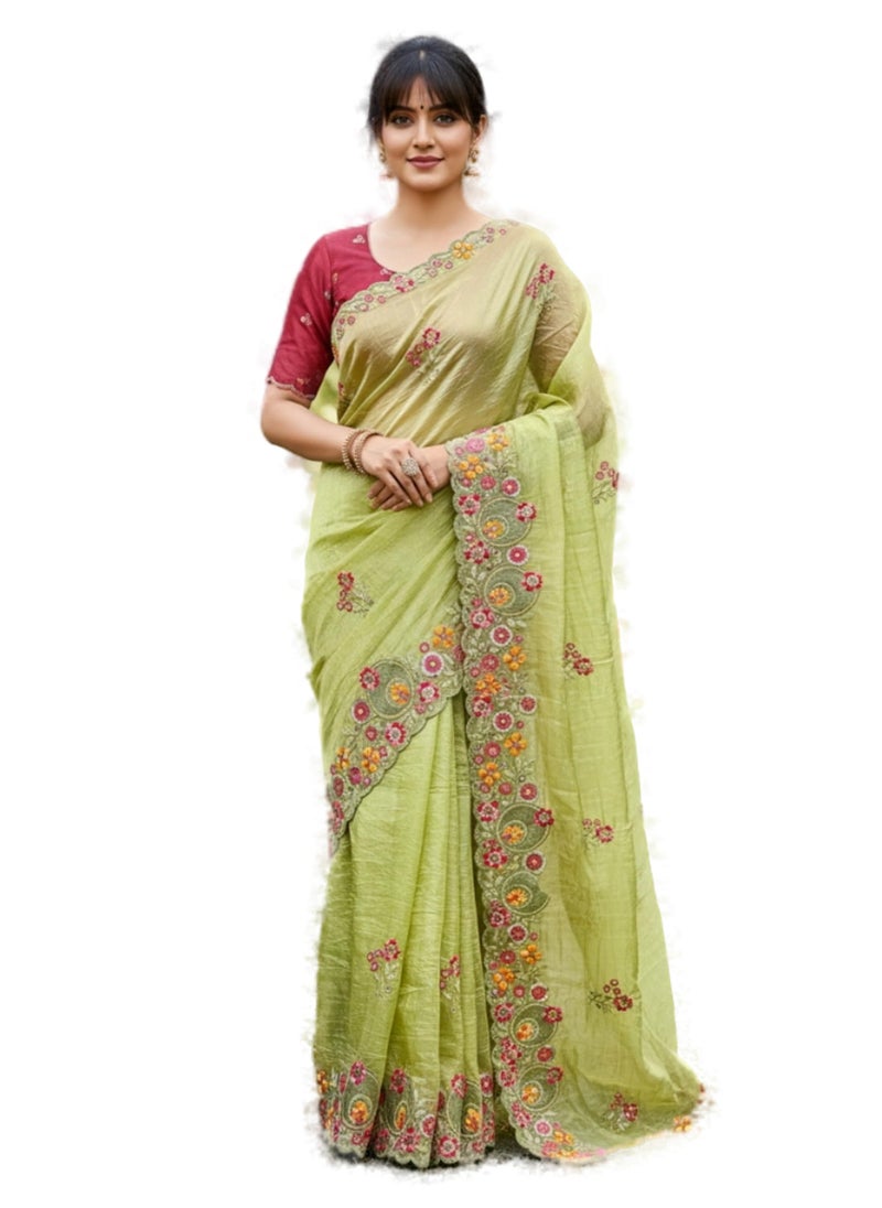 Glory Sarees Women’s Pure Silk Gold Crushed Sequence Embroidery Work Scallop Border Saree With Blouse Piece (LF836_PistaGreen) - Image 1