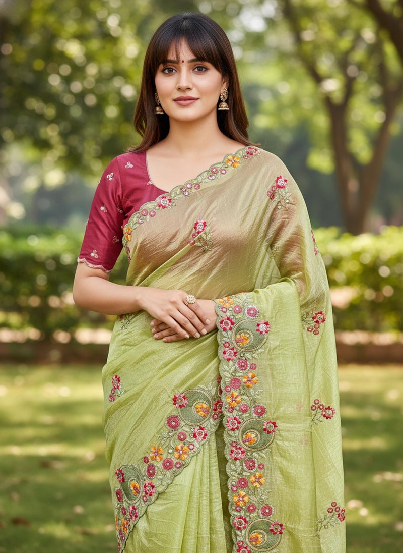 Glory Sarees Women’s Pure Silk Gold Crushed Sequence Embroidery Work Scallop Border Saree With Blouse Piece (LF836_PistaGreen) - Image 4
